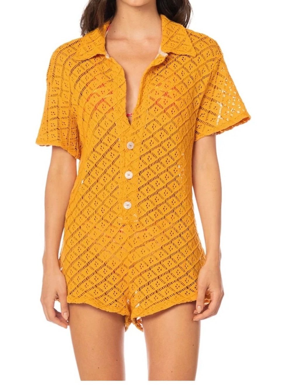 Maaji Mustard Yellow Crochet Button-Front Romper